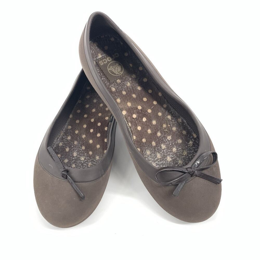 Crocs Leather Bow Mammoth Slip On Ballet Flats Size 7 Womens Dark Khaki Brown